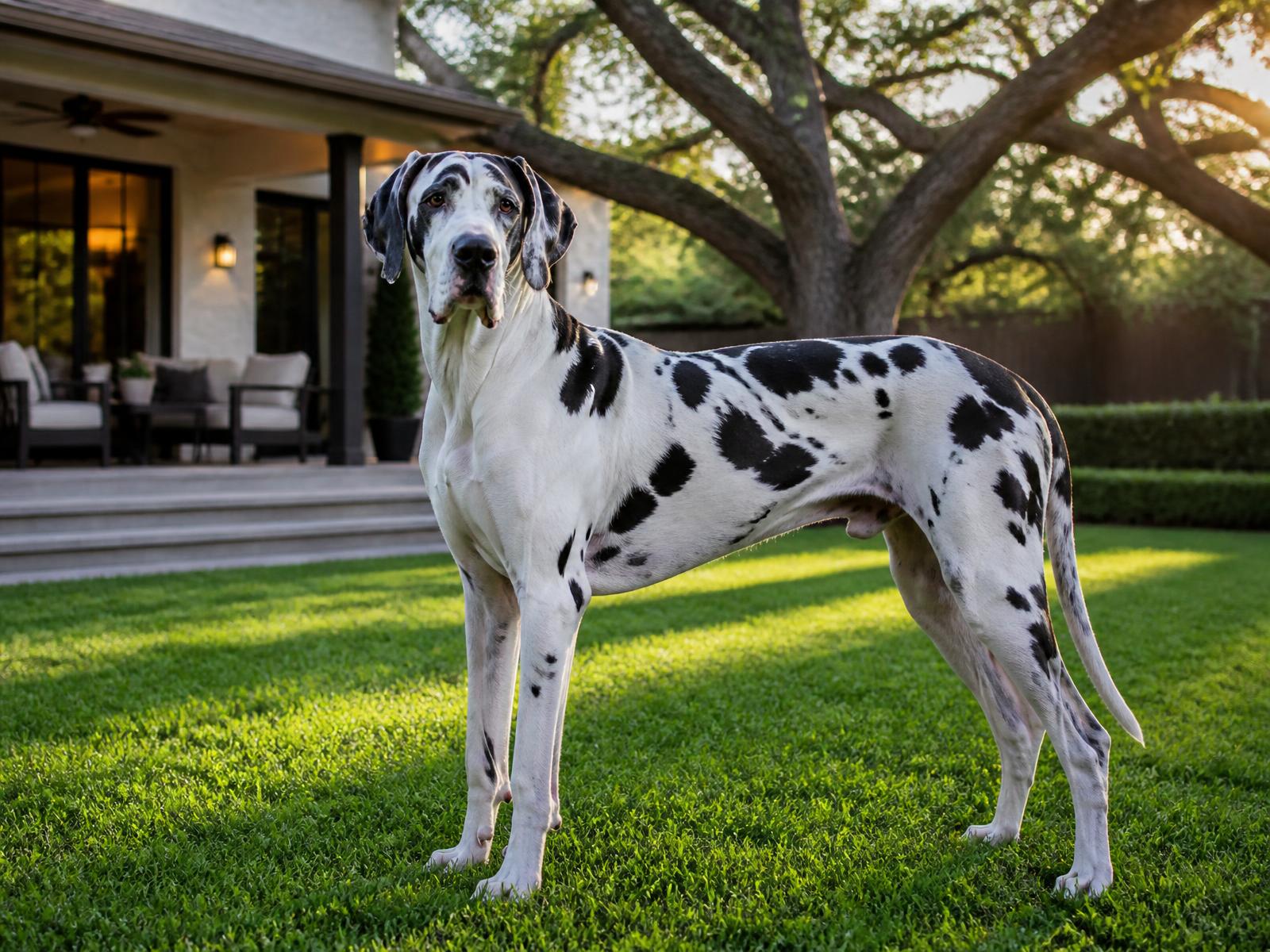Great Dane standing in a spacious, shaded Houston backyard at golden hour